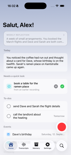 The Home screen: today’s to-dos, Dave’s birthday, and a shopping list