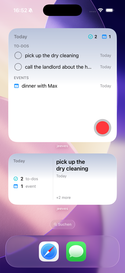 Widgets: The day, on the Home Screen.