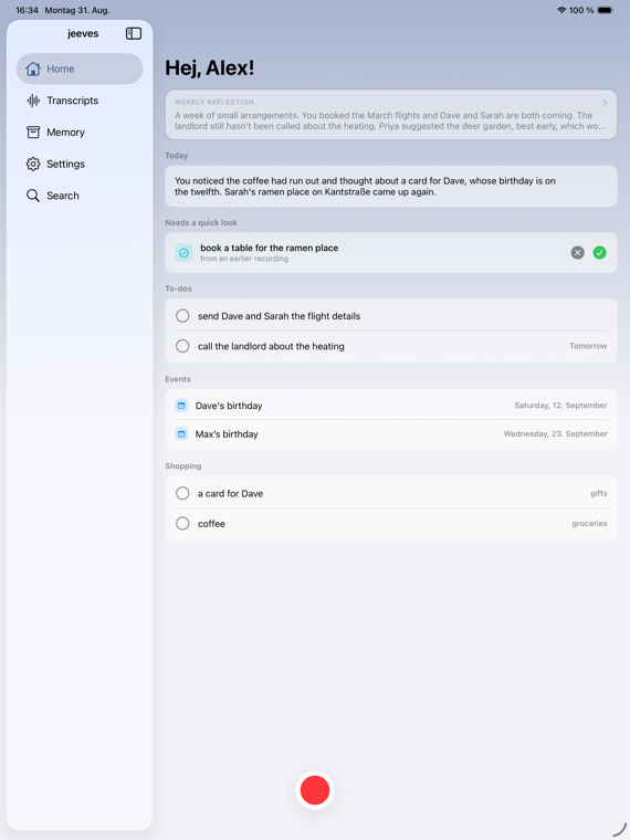 Jeeves on iPad, with a sidebar beside the day's list