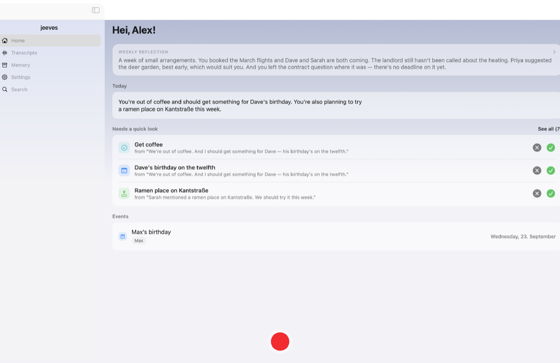 Jeeves on the Mac, a sidebar beside the day's list