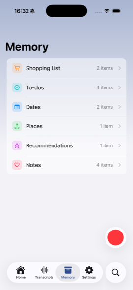 The Memory screen: shopping, to-dos, dates, places, recommendations and notes